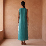 Pine Green Cotton Linen Wavy Stripe Maxi Shift Dress