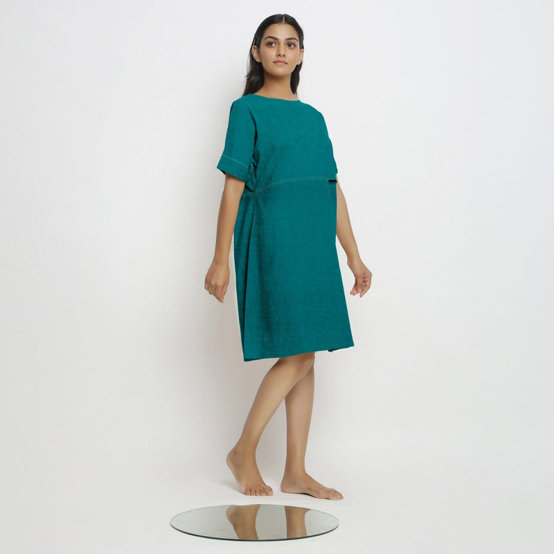 Pine Green Cotton Linen Yoked Knee Length Shift Dress