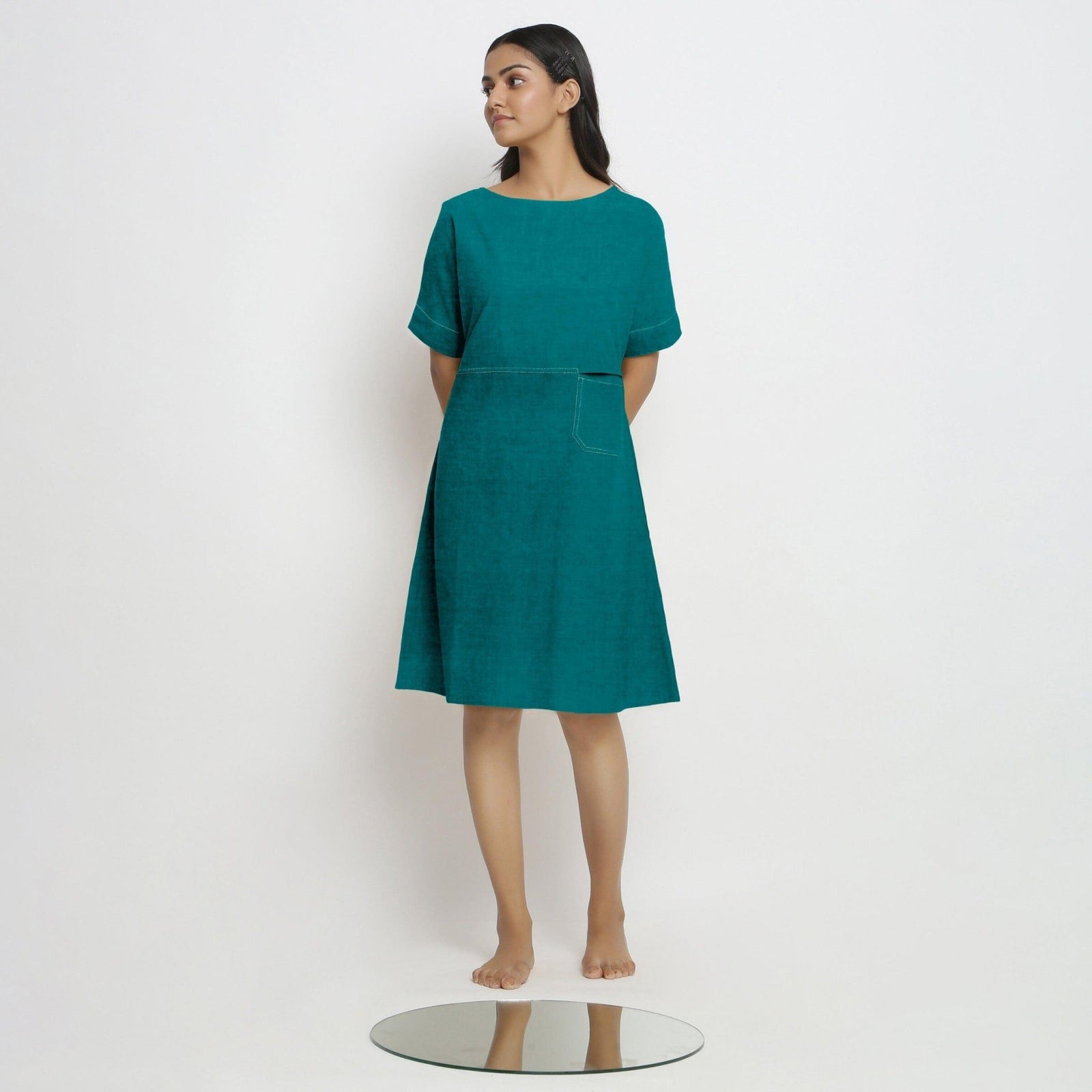 knee length shift dresses Pine Green Cotton Linen Yoked Dress 66