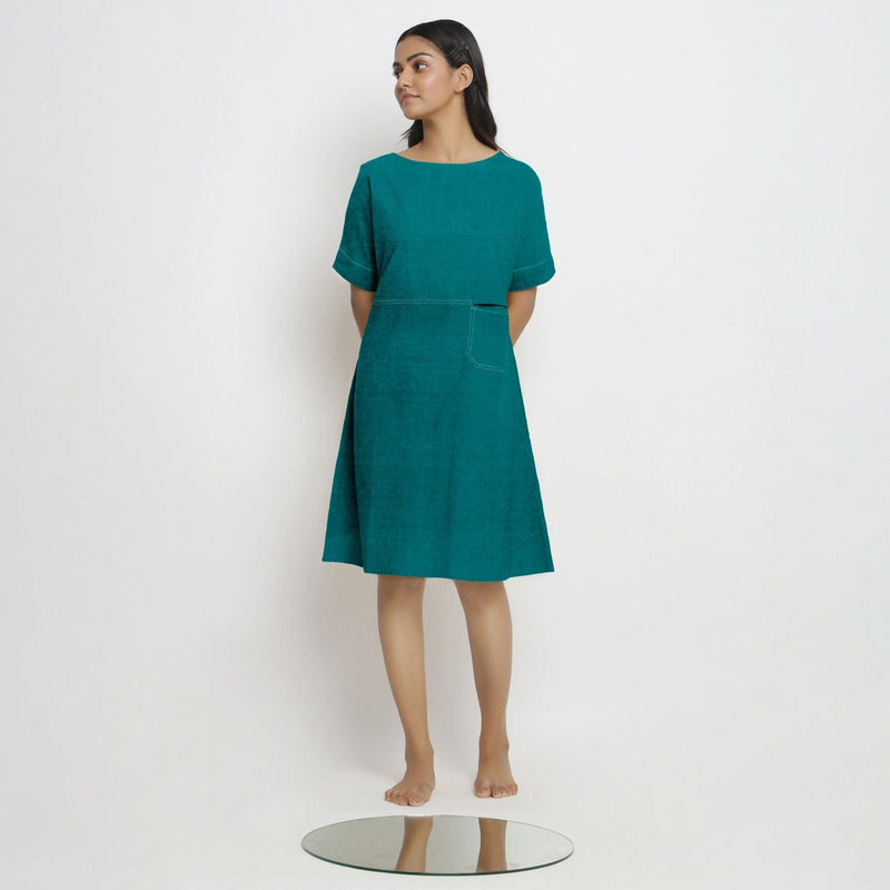 Pine Green Cotton Linen Yoked Knee Length Shift Dress 66" / Petite (5'1" and below) Pine Green Cotton Linen Yoked Knee Length Shift Dress 66" / Petite (5'1" and below)