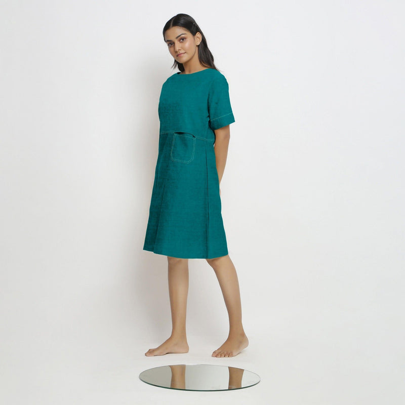 Pine Green Cotton Linen Yoked Knee Length Shift Dress 66" / Petite (5'1" and below) Pine Green Cotton Linen Yoked Knee Length Shift Dress 66" / Petite (5'1" and below)