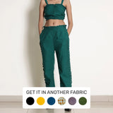 Front View of a Model wearing Pine Green Frill Warm Cotton Mid-Rise Paperbag Pant