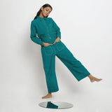 Front View of a Model wearing Pine Green Linen Patch Pocket Wide Legged Pant