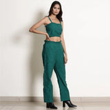 Right View of a Model wearing Pine Green Warm 100% Cotton Frilled Bustier Crop Top