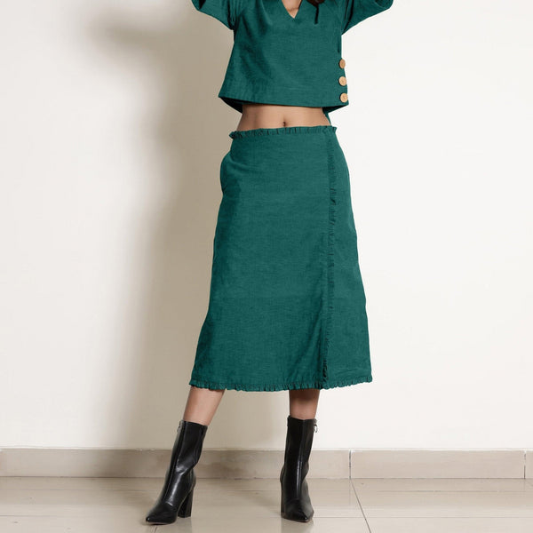 Front View of a Model wearing Warm Pine Green A-Line Frilled Skirt