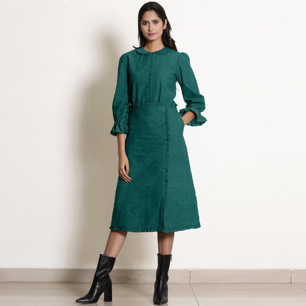 Front View of a Model wearing Warm Pine Green A-Line Frilled Skirt