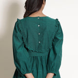 Back Detail of a Model wearing Warm Pine Green Frilled Yoke Dress