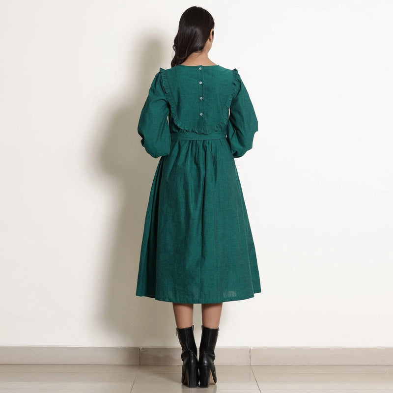 Pine Green Warm Cotton Frilled Midi Yoke Dress Pine Green Warm Cotton Frilled Midi Yoke Dress