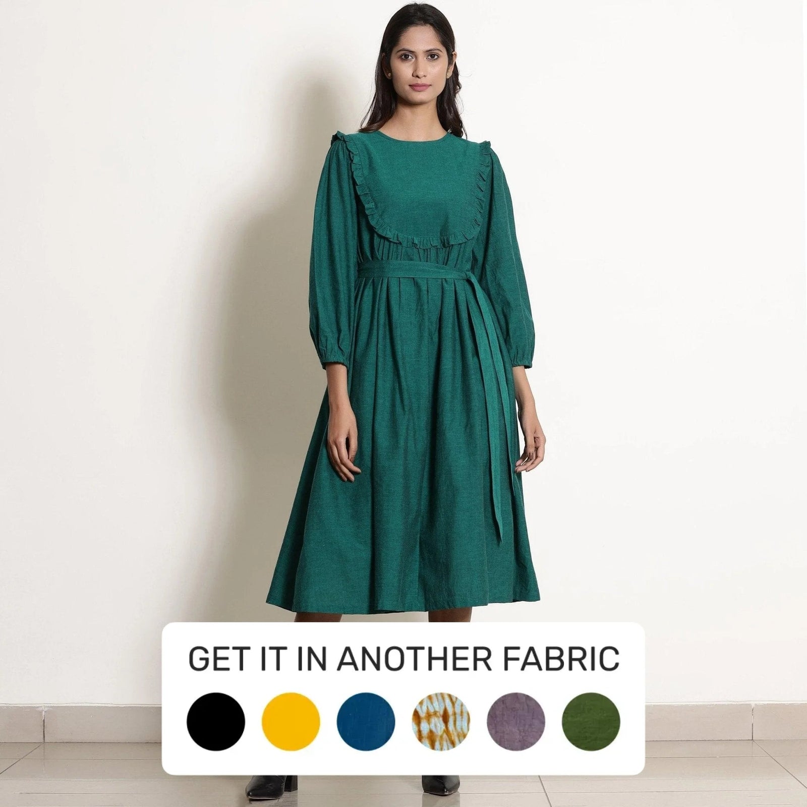 Buy Pine Green Warm Cotton Frilled Midi Yoke Dress Online at SeamsFriendly Buy Pine Green Warm Cotton Frilled Midi Yoke Dress Online at SeamsFriendly
