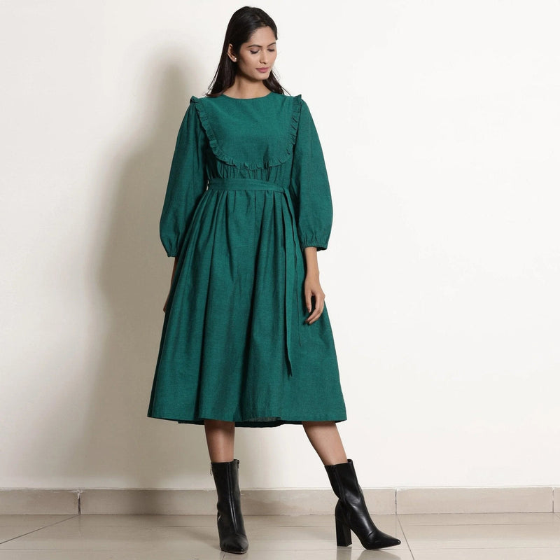 Pine Green Warm Cotton Frilled Midi Yoke Dress Pine Green Warm Cotton Frilled Midi Yoke Dress
