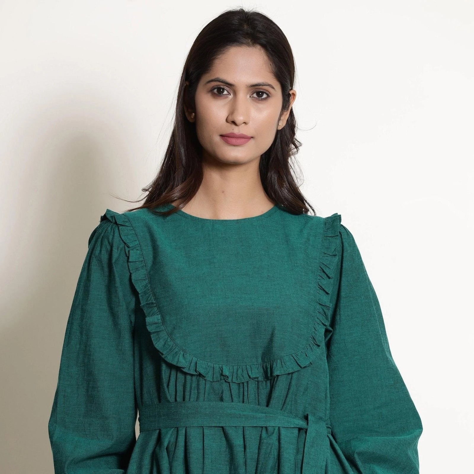 Buy Pine Green Warm Cotton Frilled Midi Yoke Dress Online at SeamsFriendly