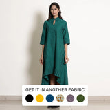 Front View of a Model wearing Pine Green Warm Cotton Frilled Neck Ankle Length Dress