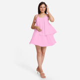 Pink 100% Cotton Tie-Up Shoulder Tier Mini Dress