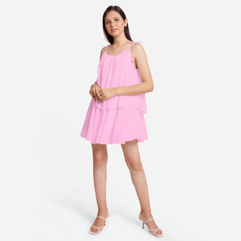 Pink 100% Cotton Tie-Up Shoulder Tier Mini Dress