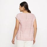 Back View of a Model wearing Pink And White Hand Screen Print Gathered Top