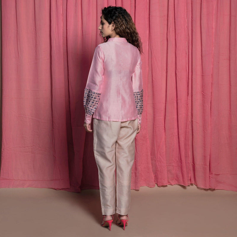 Back View of a Model wearing Powder Pink Block Print Chanderi Shirt Top