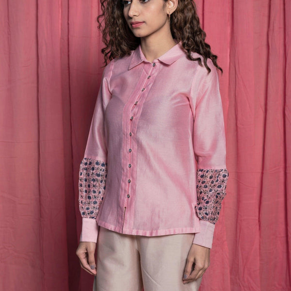 Front Detail of a Model wearing Powder Pink Block Print Chanderi Shirt Top