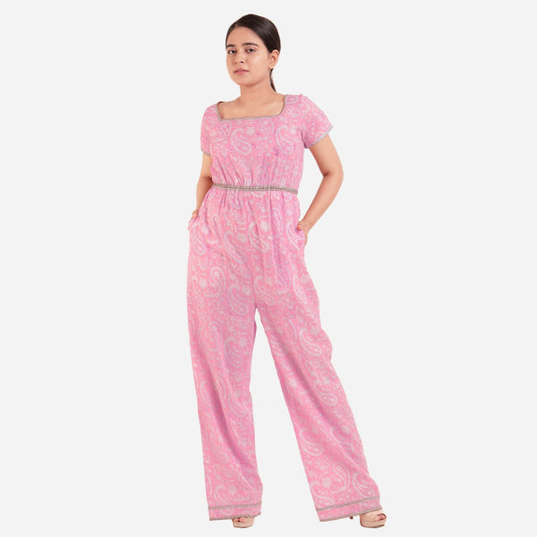 Pink Block Print Floor Length Cotton Jumpsuit