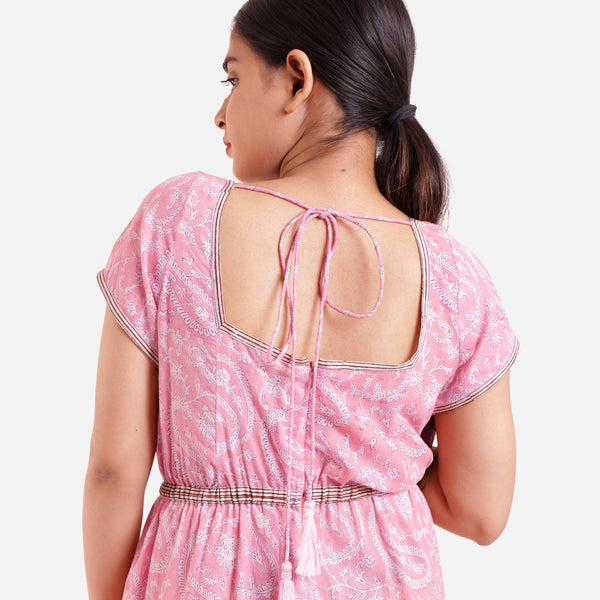 Pink Block Print Floor Length Cotton Jumpsuit