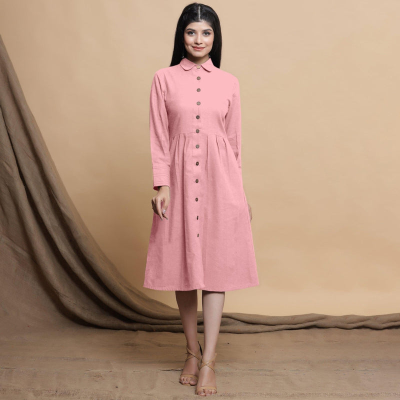 Pink Button Down Cotton Flax Knee Length Formal Dress 58" / Tall (5'7" and above) Pink Button Down Cotton Flax Knee Length Formal Dress 58" / Tall (5'7" and above)
