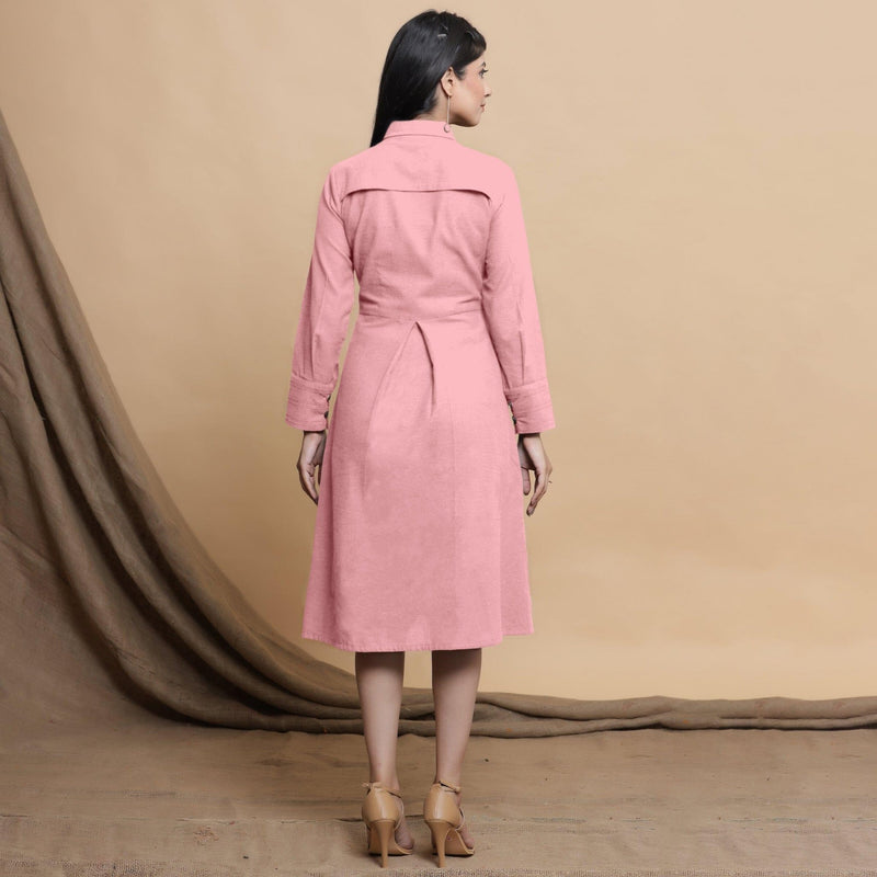 Back View of a Model wearing Pink Button Down Cotton Flax Knee Length Formal Dress