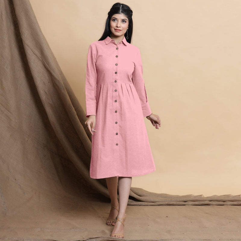 Front View of a Model wearing Pink Button Down Cotton Flax Knee Length Formal Dress