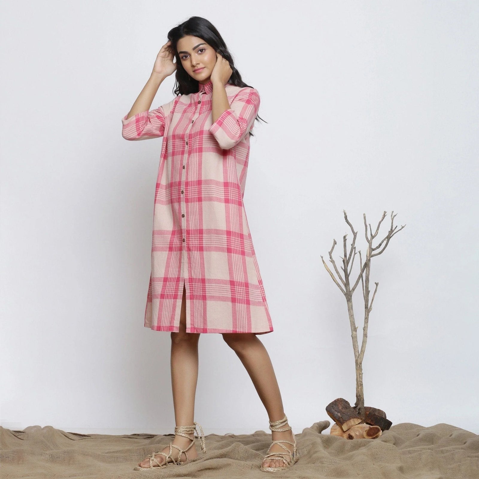 Buy Pink Checkered Handspun Cotton Knee Length Shirt Dress Online at  SeamsFriendly