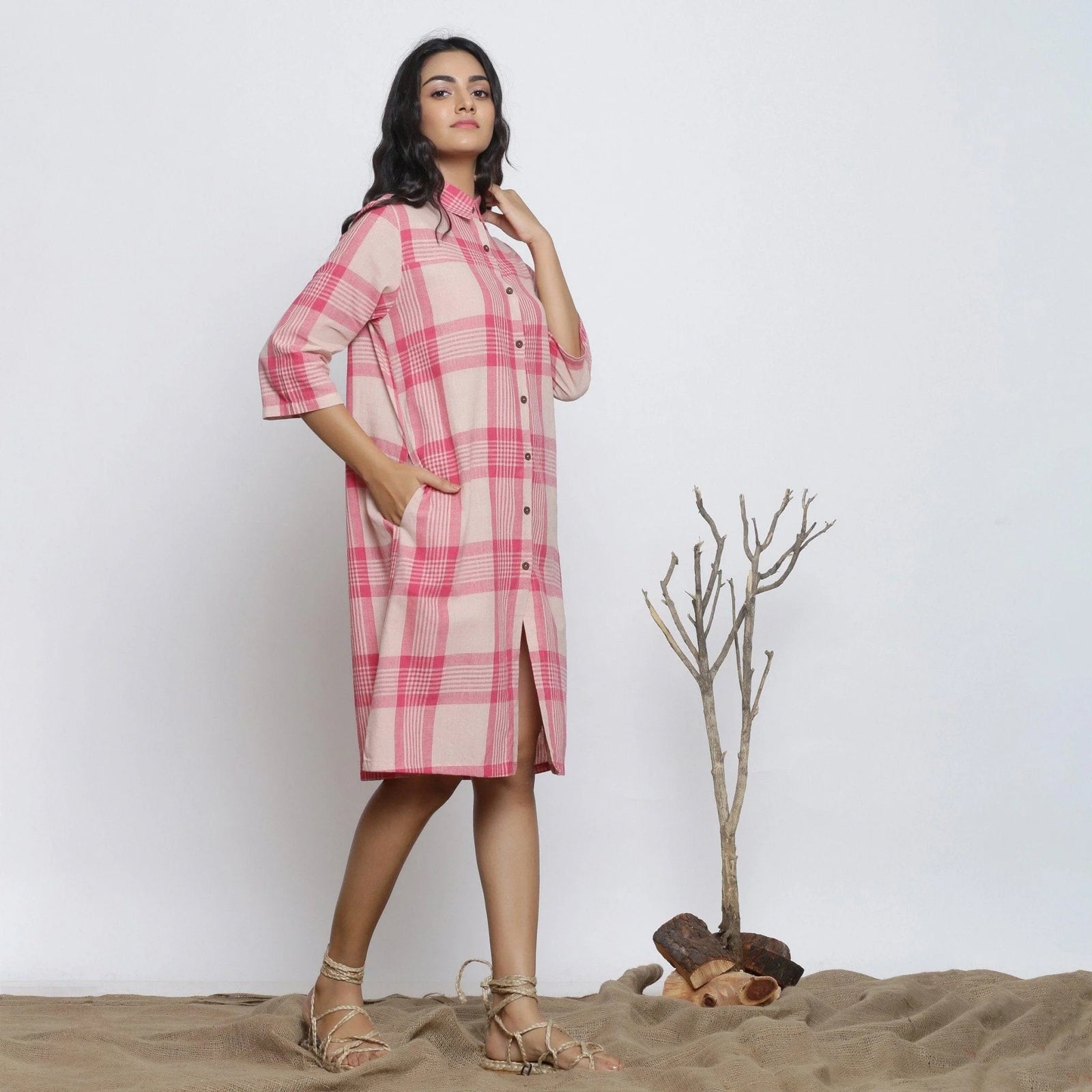 open lace back dress Buy Pink Checkered Handspun Cotton Knee Length Shirt Dress Online at  SeamsFriendly