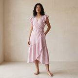 Pink Checks Block Print Cotton Ruffle Midi Wrap Dress
