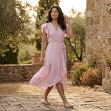 Pink Checks Block Print Cotton Ruffle Midi Wrap Dress