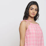 Right Detail of a Model wearing Pink Checks Handspun Cotton Strap Sleeve Midi Jumpsuit