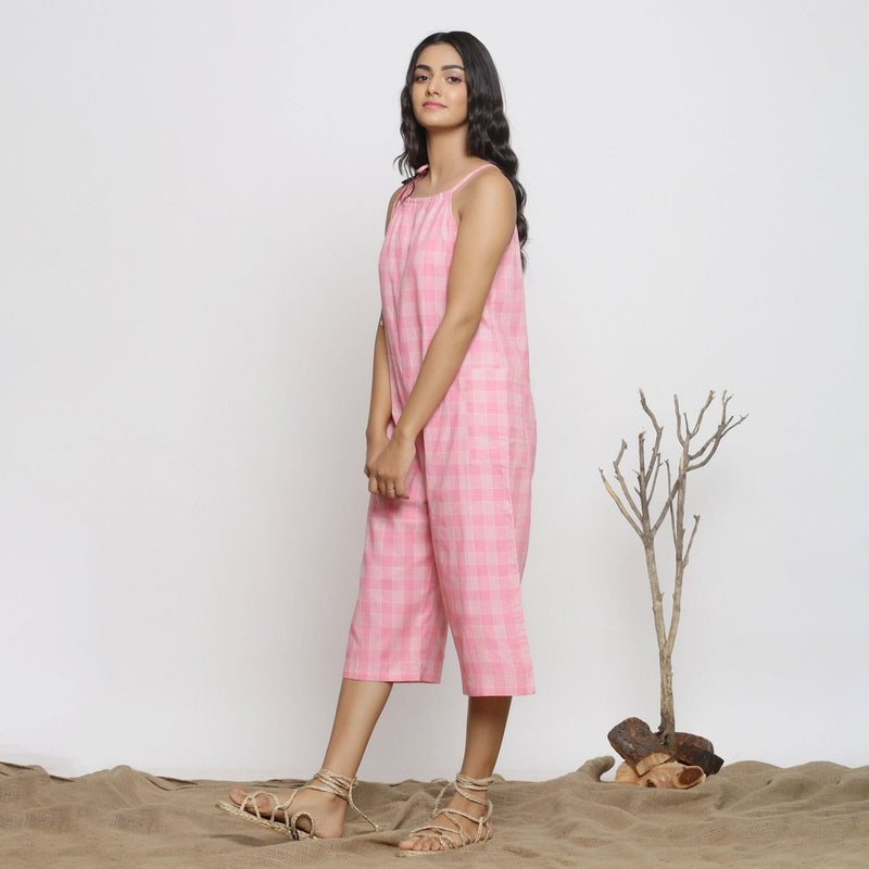 Left View of a Model wearing Pink Handspun Cotton Paneled Jumpsuit