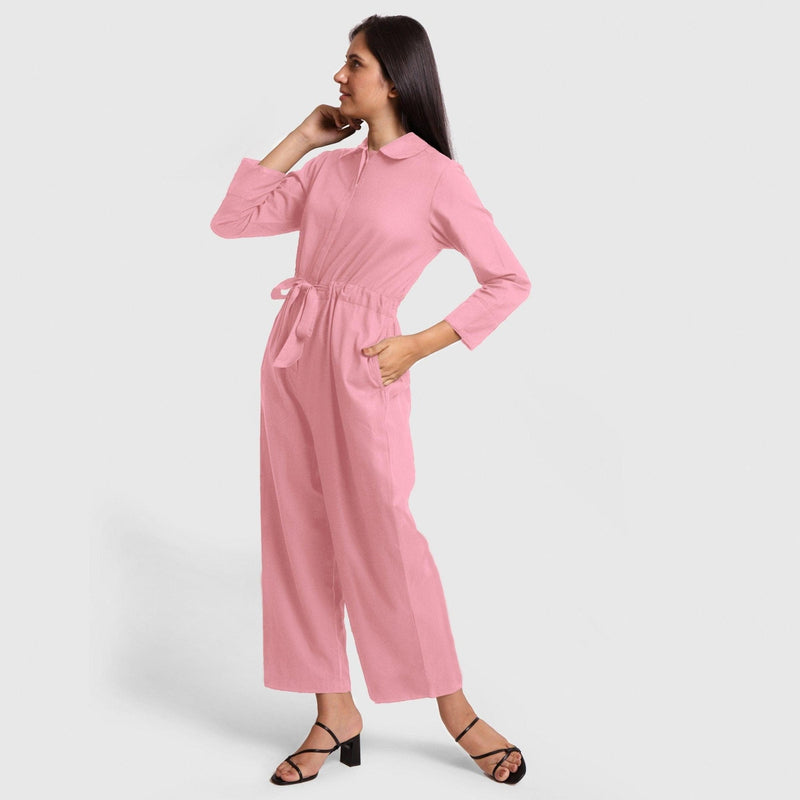 Left View of a Model wearing Pink Wide Legged Cotton Overall