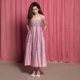 Front View of a Model wearing Pink Cotton Chanderi Block Print Paneled Maxi Dress