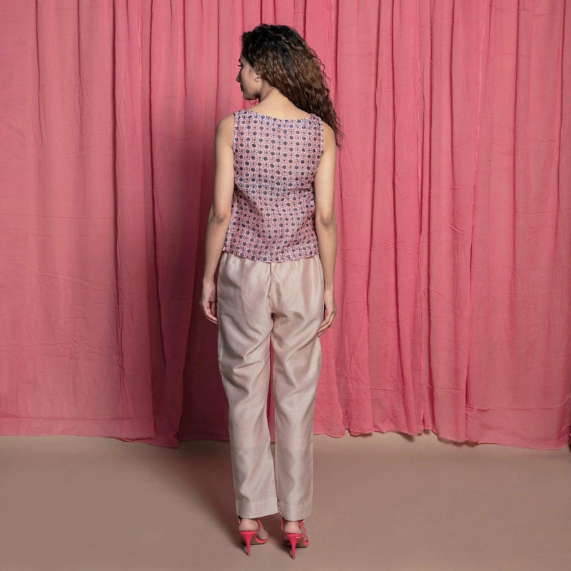 Back View of a Model wearing Pink Chanderi Hand Block Print Straight Top