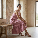 Pink Cotton Flax A-Line V-Neck Sleeveless Maxi Tier Dress