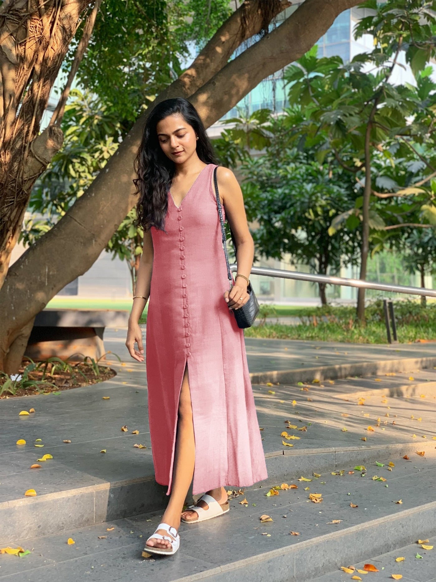 Pink Cotton Flax A-Line Front Slit Maxi Dress 30