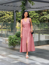 Pink Cotton Flax A-Line Front Slit Maxi Dress