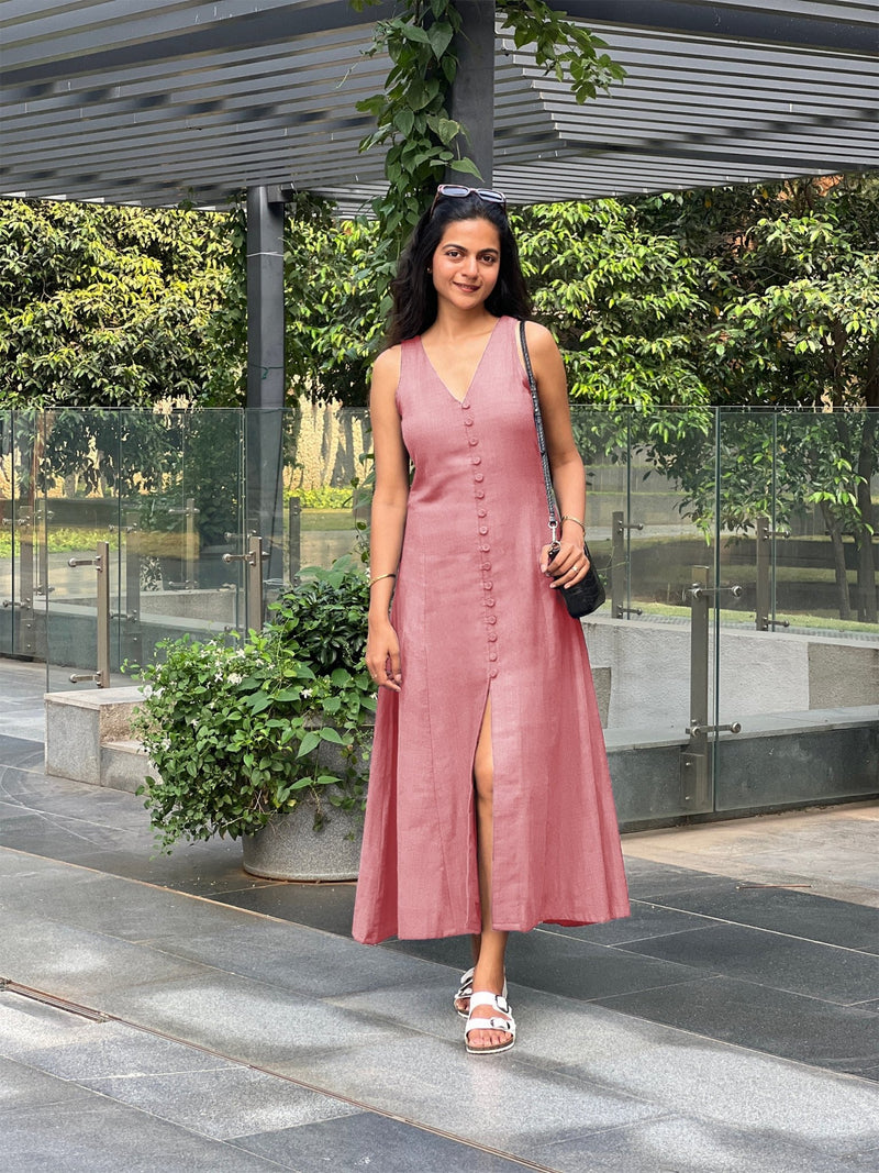 Pink Cotton Flax A-Line Front Slit Maxi Dress