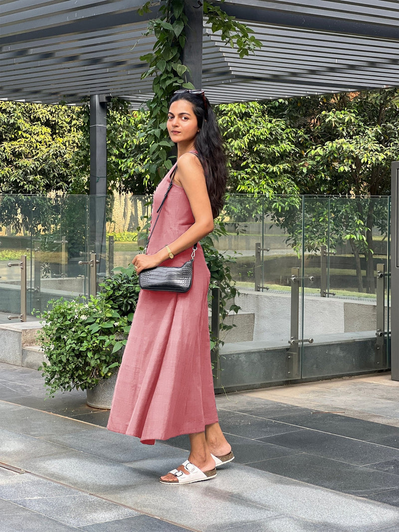 Pink Cotton Flax A-Line Front Slit Maxi Dress 30