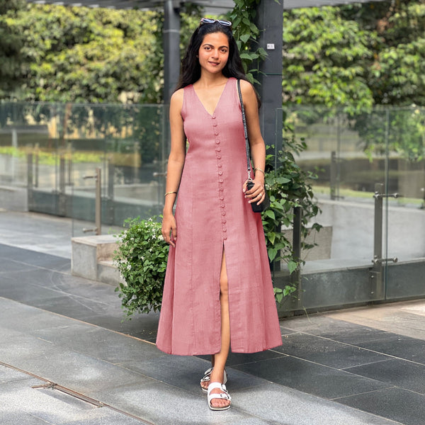 Pink Cotton Flax A-Line Front Slit Maxi Dress