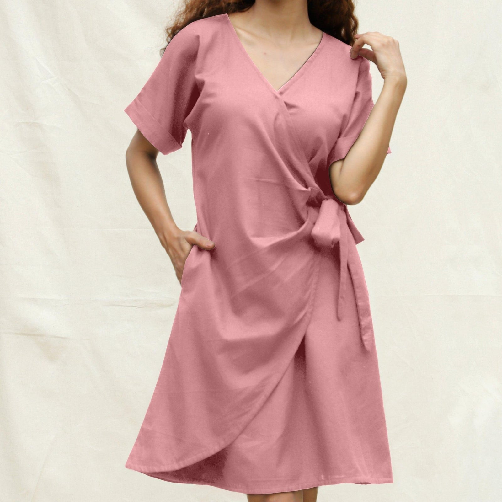 Pink Cotton Flax A-Line Knee Length Wrap Dress 64