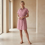Pink Cotton Flax A-Line Short Dress with Belt