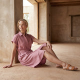 Pink Cotton Flax A-Line Short Dress with Belt