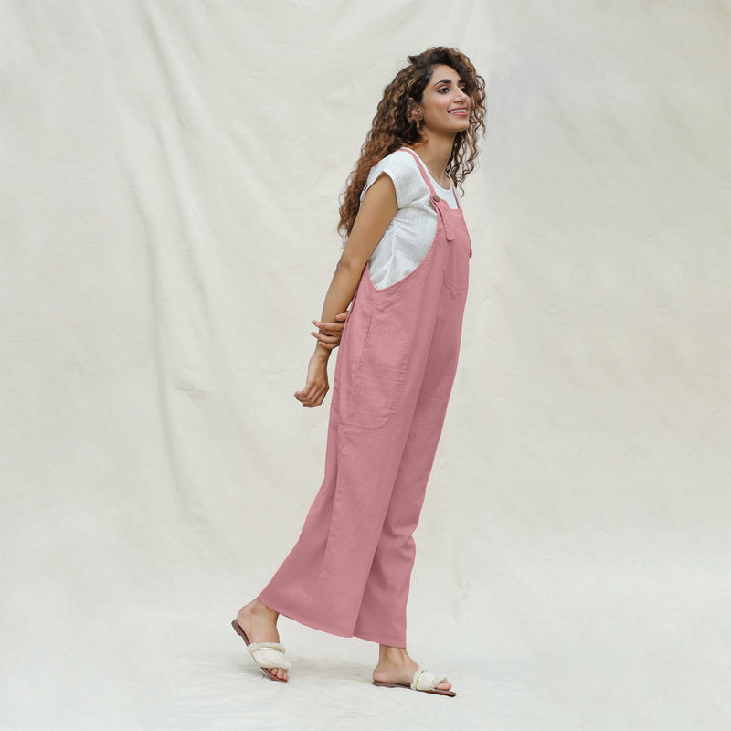 Pink Cotton Flax Ankle Length Dungaree Jumpsuit