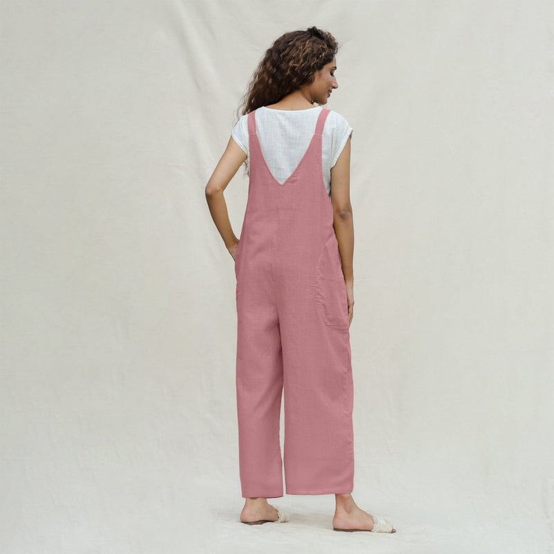 Pink Cotton Flax Ankle Length Dungaree Jumpsuit