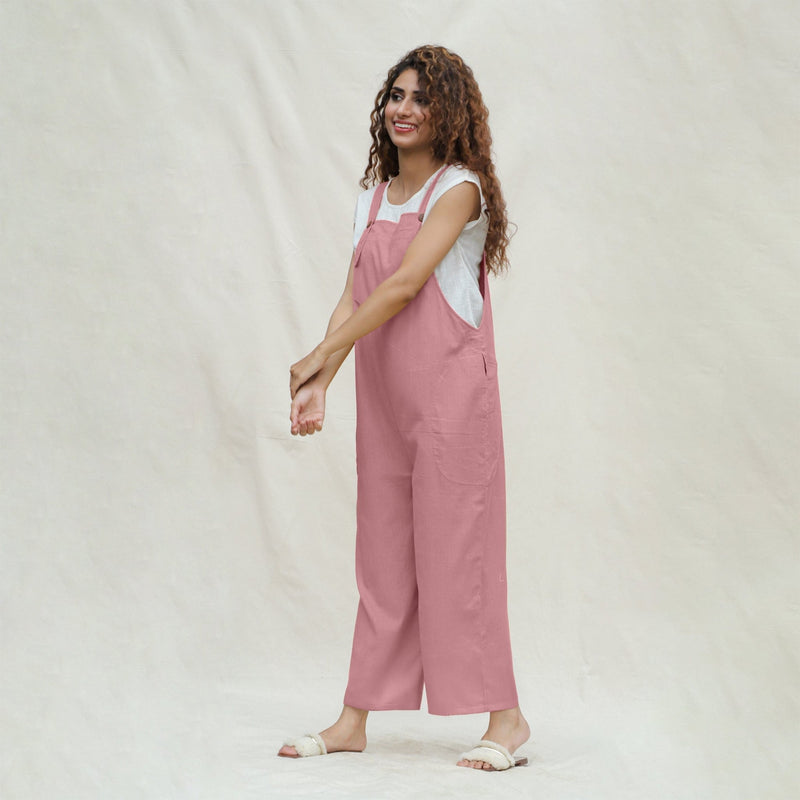 Pink Cotton Flax Ankle Length Dungaree Jumpsuit