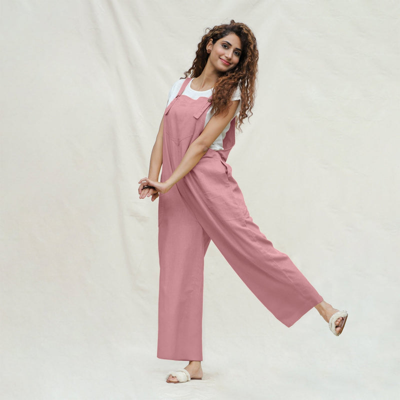 Pink Cotton Flax Ankle Length Dungaree Jumpsuit