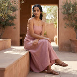 Pink Cotton Flax Ankle Length Flared Sundress