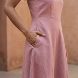 Pink Cotton Flax Ankle Length Flared Sundress